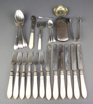 A set of 6 silver plated dessert eaters with carved mother of pearl handles and minor plated items