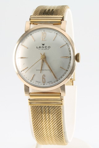 A gentleman's 9ct yellow gold Lanco wristwatch on a gilt bracelet 