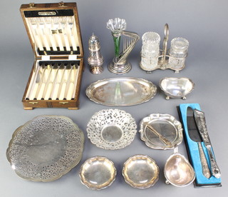 A silver plated sugar shaker and minor plated items 