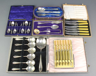 A Victorian silver plated 3 piece cased christening set and 5 cased sets