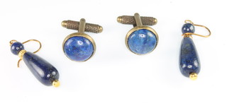 A pair of gilt metal lapis lazuli cufflinks and a pair of ditto ear drops 