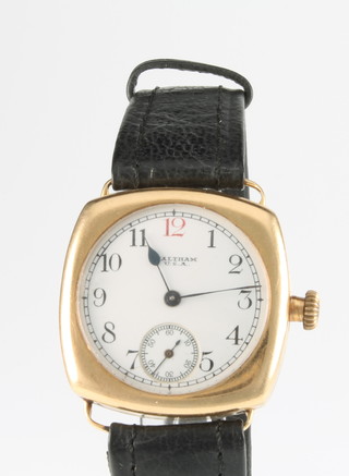 A gentleman's 18ct yellow gold square cased wristwatch, the dial inscribed Waltham USA, having seconds at 6 o'clock on a black leather strap, 12 mm case 