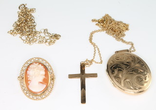 A 9ct yellow gold locket, a cross and 3 chains, 8 grams together with a 9ct cameo brooch pendant 