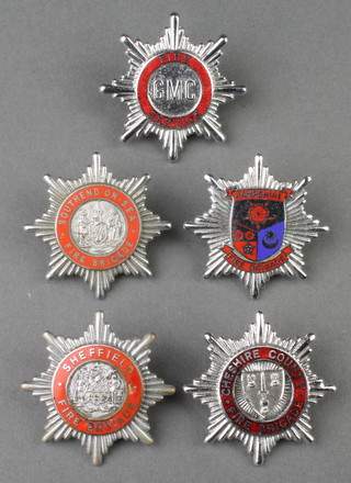 Five 1950's chromium and enamelled Fire Service cap badges