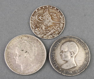 A 5 peseta 1890, 2 other silver coins 