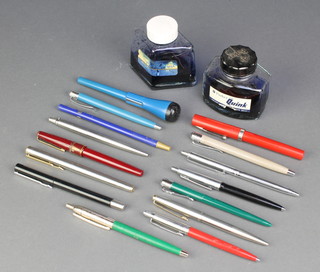 Minor ball point pens and 2 bottles of  ink