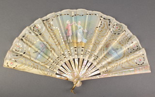 A 19th Century painted fan with fete galant views and mother of pearl sticks, signed Voisard 7 1/4" 