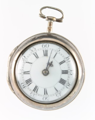 A George II silver pair cased pocket watch, the enamelled dial with Roman numerals and numbers, the fancy movement inscribed R Morley, the case engraved Joseph Mawde 1749
