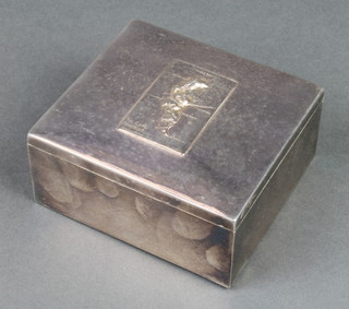 A silver plated cigarette box with a moulded relief of the Cape Peninsula, 4" 