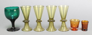 A Victorian green glass wine 4 1/2", 4 rummers and 2 totts  