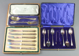 A cased set of 6 silver teaspoons and tongs, Birmingham 1917, a cased pair of spoon and fork Sheffield 1921, a set of 6 silver butter knives, weighable silver 158 grams 