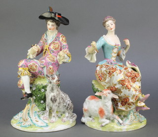 A pair of Samson figures of a seated lady with a lamb at her feet and a gentleman with a dog at his feet, on rococo bases 11" 