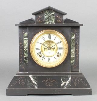 Ansonia, an American 19th Century 8 day mantel clock with enamelled dial, Roman numerals, visible escapement, contained in a 2 colour marble architectural case 