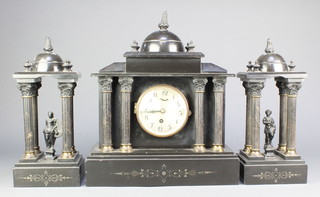 A Victorian black marble 3 piece garniture comprising timepiece with silvered dial and Arabic numerals contained in a marble architectural case together with 2 side pieces with figures