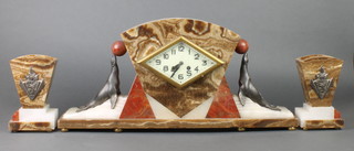 A French Art Deco spelter and 4 colour marble 3 piece clock garniture, the striking mantel clock with diamond shaped enamelled dial and Arabic numerals contained in a marble case supported by 2 figures of sea lions with balls and having 2 fan shaped side urns