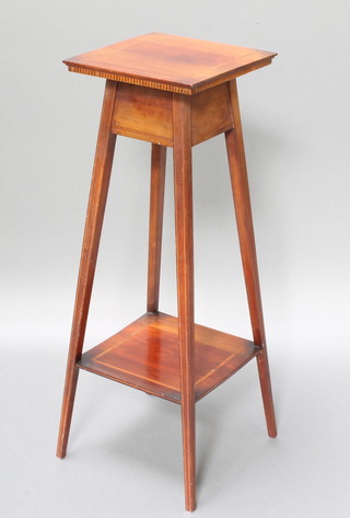 An Edwardian square inlaid mahogany 2 tier jardiniere stand with ebonised and satinwood stringing 35"h x 12" x 12"