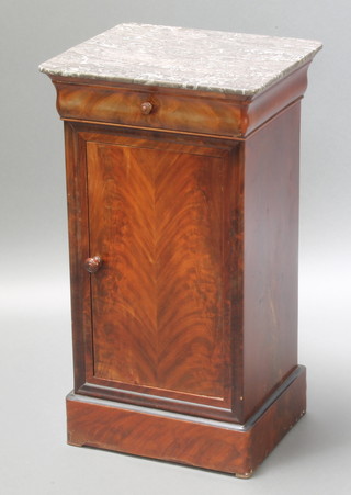 A 19th Century French walnut pot cupboard with black veined marble top, fitted a drawer above a panelled door 30"h x 16"w x 14"d