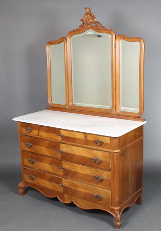 A 19th Century Continental walnut dressing chest, the raised back with triple bevelled plate mirror, the base with marble top above 1 long flanked by 2 short drawers and 3 long drawers, raised on cabriole supports with brass drop handles 76"h x 47"w x 20"d 
