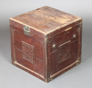 A square Chinese hardwood box carved and decorated to the sides 16" x 16" x 16" 