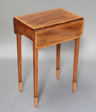 A 19th Century mahogany crossbanded Pembroke table fitted a frieze drawer, raised on square tapering supports spade feet 28"h x 18"w x 12" when closed x 24" when open