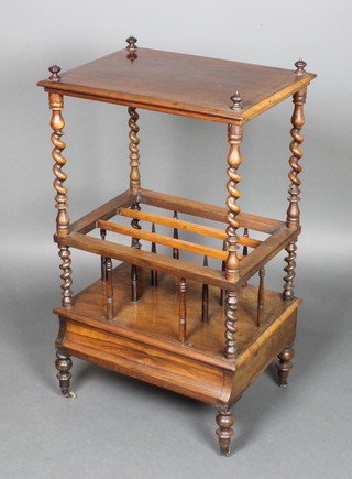 A Victorian rosewood Canterbury what-not the base fitted a drawer and raised on turned supports 36"h x 22"w x 16"d 