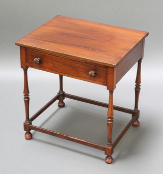 A 19th Century mahogany and rosewood side table fitted a drawer with tore handles, raised on turned and block supports, bun feet  21"h x 20"w x 16"