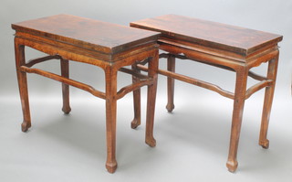 A pair of Chinese rectangular Padouk Altar/side tables with shaped stretcher, raised on club supports 34" x 38 1/2" x 20" 
