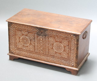 An 18th Century Moorish style oak coffer the interior fitted a candle box , the front profusely inlaid mother of pearl with iron lock and iron drop handles to the sides, on bracket feet, 16"h x 28w" x 15"d 
