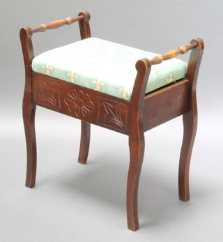 An Edwardian carved beech box seat piano stool with upholstered lid, raised on cabriole supports 24"h x 22"w x 13 1/2"d 