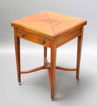 An Edwardian mahogany envelope card table fitted a frieze drawer and raised on square tapering supports with X framed stretcher 29"h x 22"w x 21" 