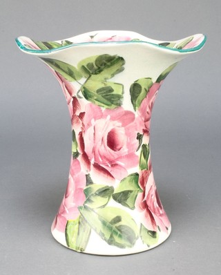 A Wemyss ware waisted vase with wavy rim, decorated with roses and with painted mark 8" 
