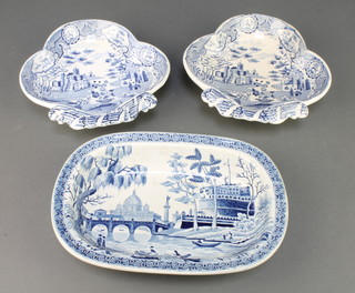A pair of 19th Century Spode blue and white shell shaped dishes with landscape views 8" and a rounded rectangular dish with Thames scene 9" 