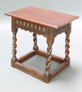 A rectangular oak joined stool with arcaded decoration, raised on spiral turned supports with box framed stretcher 19" x 20 1/2"w x 13"d 