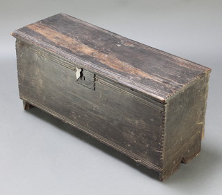 A 17th/18th Century oak 6 plank coffer with hinged lid and iron lock 15"h x 31"w x 11"d 