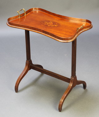 An Edwardian inlaid mahogany twin handled tea tray, raised on an associated stand 24"h x 22"w x 15"d 