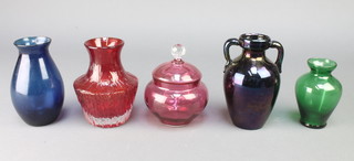 A cranberry jar and cover with faceted knop 5", minor glassware 