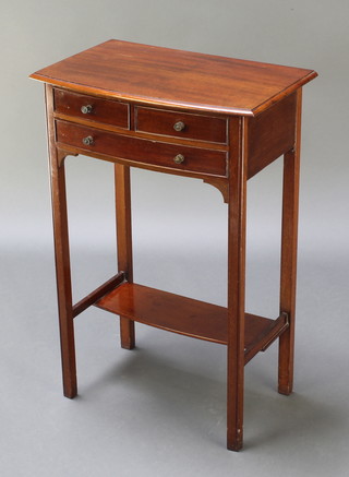 A Victorian mahogany bow front side table fitted 2 short drawers and 1 long drawer, raised on square tapering supports with undertier 27 1/2"h x 19"w x 12"d 