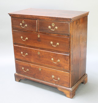 A Georgian oak chest of 2 short and 3 long graduated drawers with brass swan neck drop handles and escutcheons, raised on bracket feet 38"h x 35 1/2"w x 19"d 