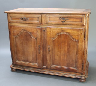 A French 19th Century elm dresser base of D shaped form, fitted 2 long drawers above a double cupboard with iron drop handles 47"h x 58"w x 26 1/2"