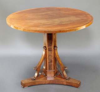 A Victorian circular inlaid mahogany and crossbanded pedestal table, raised on chamfered column with triform base  30 1/2"h x 37" diam.  