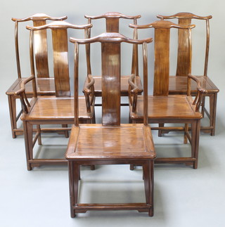 A set of 6 Chinese hardwood slat back dining chairs with solid seats, raised on turned supports comprising 2 carvers and 4 standard 