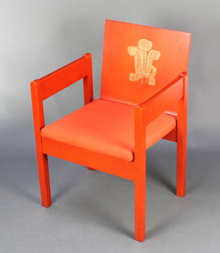 A Prince of Wales Investiture chair designed by Anthony Armstrong-Jones, The Rt. Honourable Earl of Snowdon, Carl Toms and John Pound  for the Investiture of The Prince of Wales on 1st July 1969  in red plywood with fabric seat, the base marked with club and dated 1969