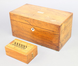 A Victorian rectangular rosewood twin compartment tea caddy complete with associated mixing/sugar bowl 6"h x 12"w x 6"d together with an inlaid cribbage board, a cricket game with 4 ivory markers