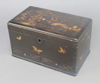 A Japanese black lacquered box, the hinged lid decorated storks, the interior fitted a caddy enclosed by hinged door together with a rack fitted 24 holes and 2 long drawers 6 1/2"h x 12"w x 6"d 