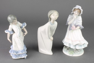 A Royal Worcester figure - A Posy for Mother 7", 2 other figures and 2 bowls, two glasses and a timepiece