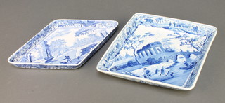 Two 19th Century Spode blue and white diamond shaped dishes decorated with figures amongst ruins 10" and 11" 