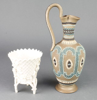 A Doulton Lambeth Silicon 3 colour ewer with geometric decoration 11", a Belleek bowl with raised rustic legs 5" 