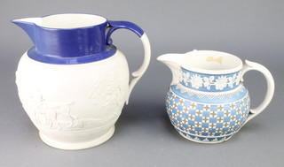 A 19th Century Spode 2 colour moulded jug decorated with hunting scenes 8", a 2 colour ditto decorated with flower heads 6" 