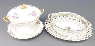 A 19th Century Spode twin handled tureen, cover and stand decorated with roses having butterfly handles, a creamware 2 handle basket and stand with armorial crest 10" 