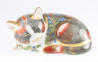 A Royal Crown Derby Japan pattern paperweight in the form  of a Catnip Kitten signed Cheryl Hallam with gold stopper 3"